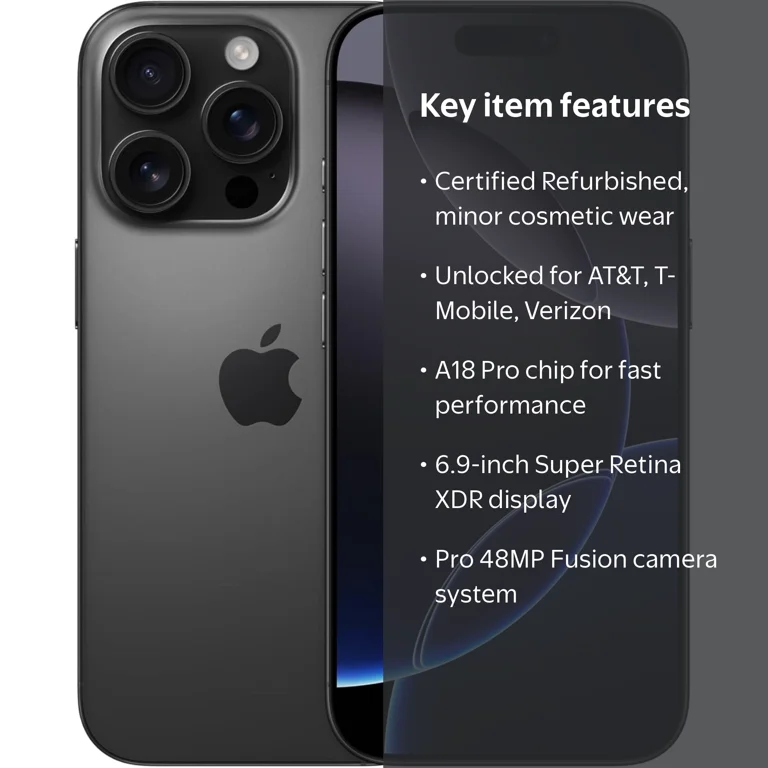 Apple, Restored iPhone 16 Pro Max, 256GB, Black Titanium - Walmart.com