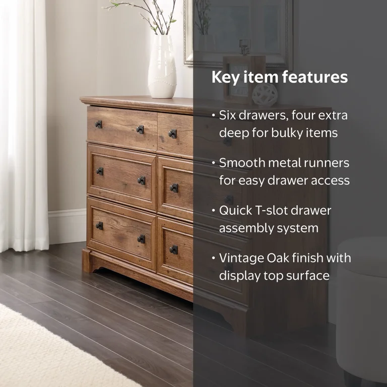 sauder butler dressing station in vintage oak Palladia 6-Drawer Bedroom Dresser, Finish framed photos of your family Sauder Palladia Bookcase with Doors,