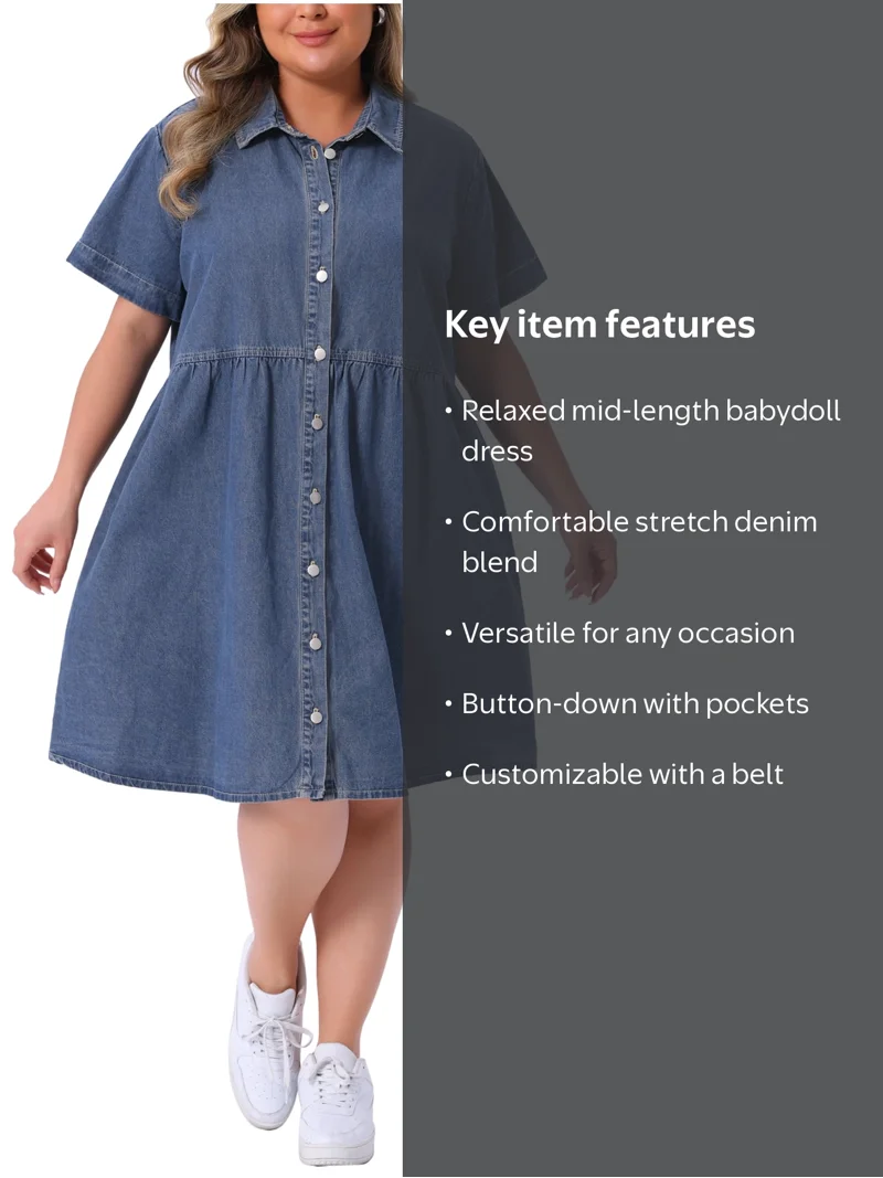 Agnes Orinda Women's Plus Size Mother's Day Babydoll Denim Dress Button Down Lapel Short Sleeves Casual Jean Shirt Dresses with Pockets 1X Gray Blue