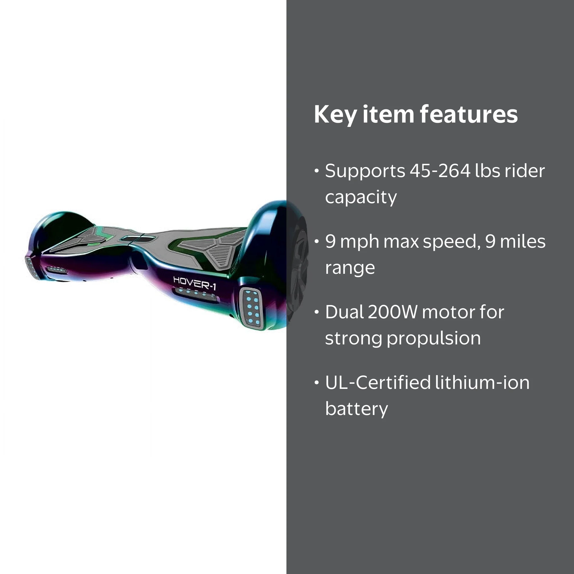 Hover-1 H1 Hoverboard, Iridescent, 264 Lbs. Max Weight, LED Lights