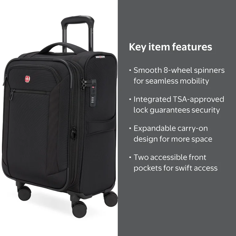 SWISSGEAR Stride Expandable Carry-On Spinner Luggage, Black, 8