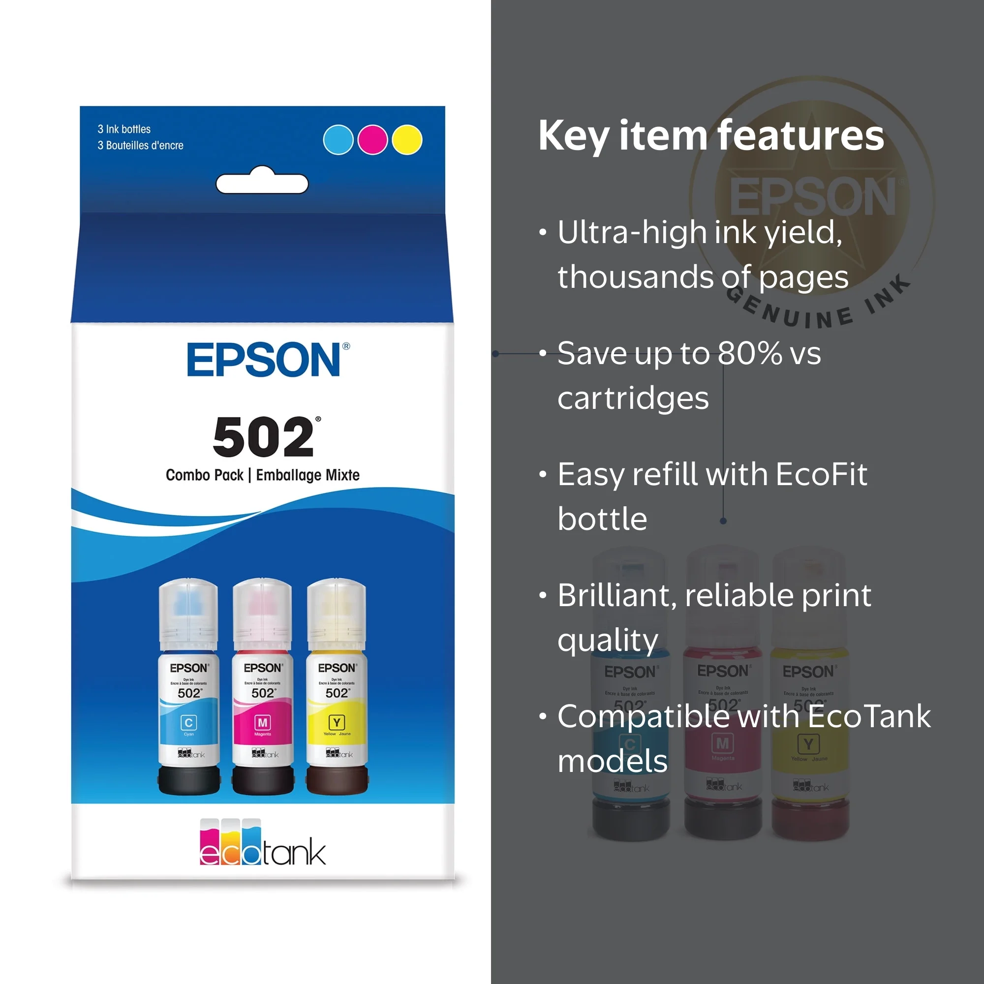 Epson EcoTank Ink 3pk, Ultra-high Capacity Bottle, for ET-2750, +