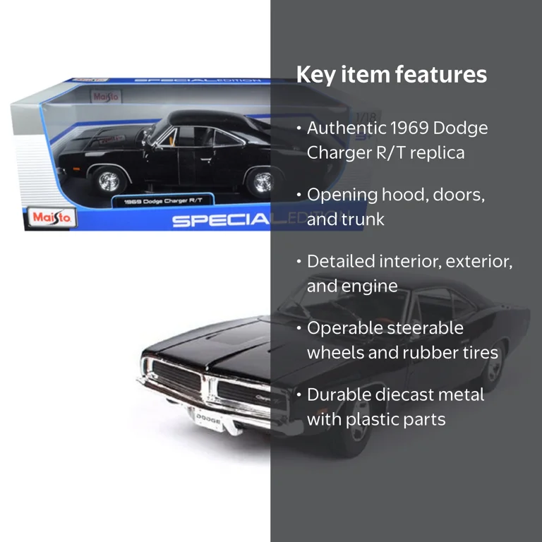 1969 Dodge Charger R/T Black 1/18 Diecast Model Car by Maisto