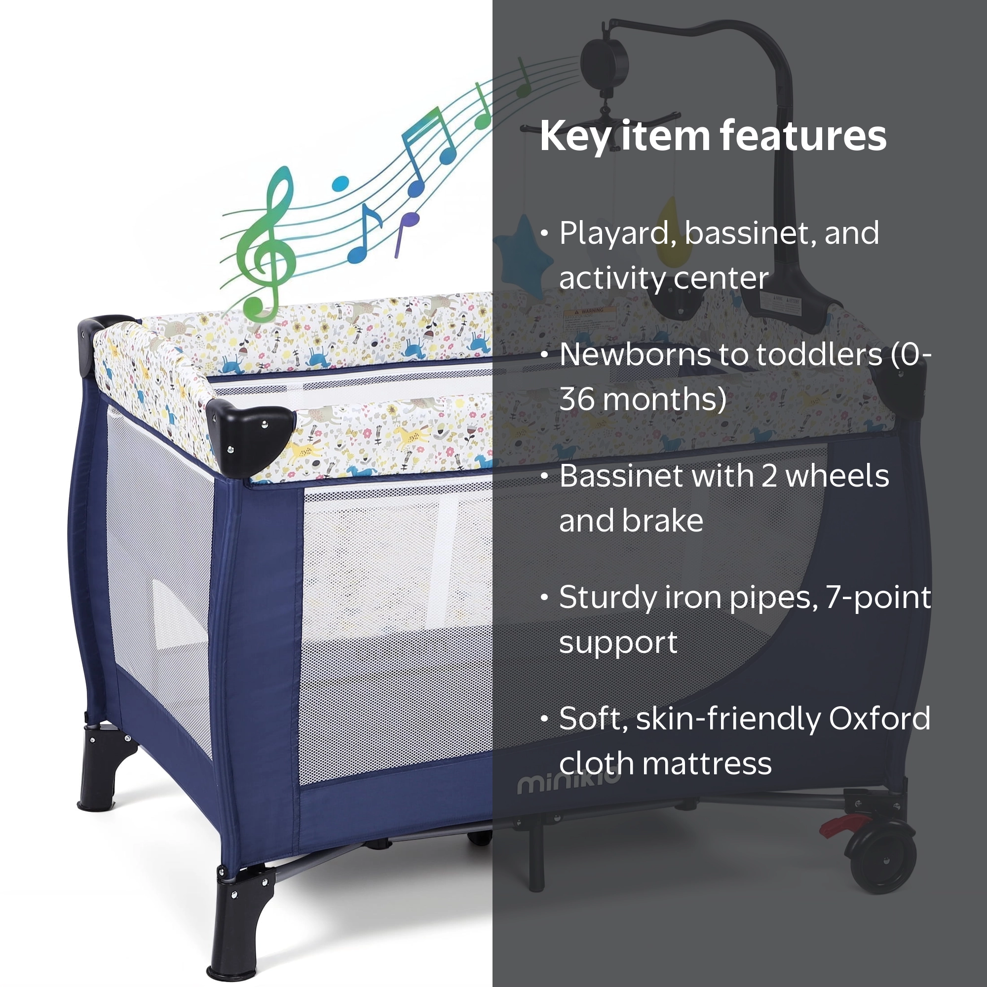 Minikid Nursery Center Playard with Bassinet Music and Toys, Baby