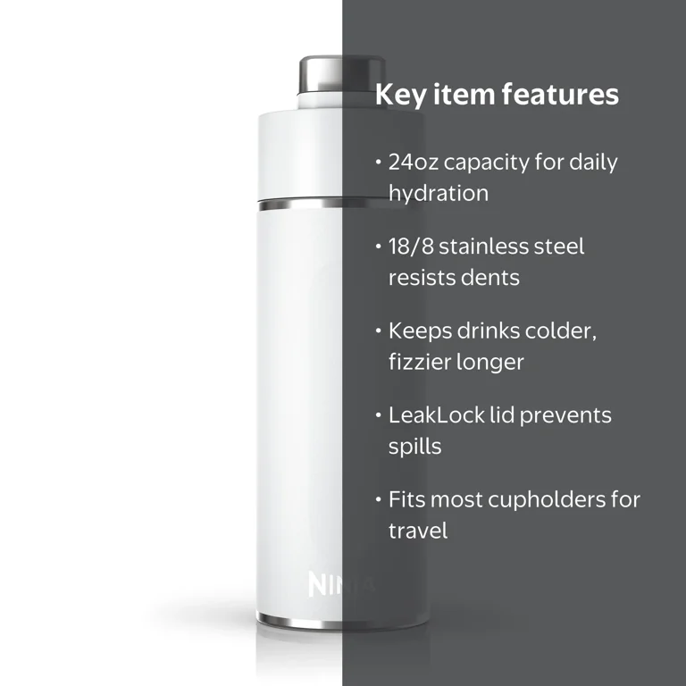 Ninja Thirsti 24oz Travel Water Bottle, Stainless Steel, White