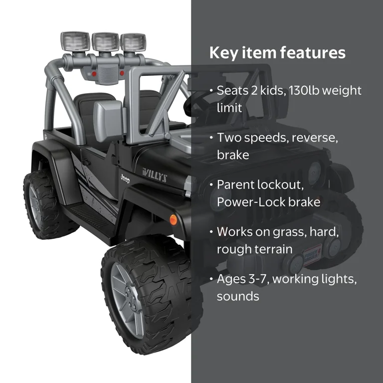 Power Wheels Jeep Wrangler Ride-On, 12V, Max Speed 5 mph, Willys