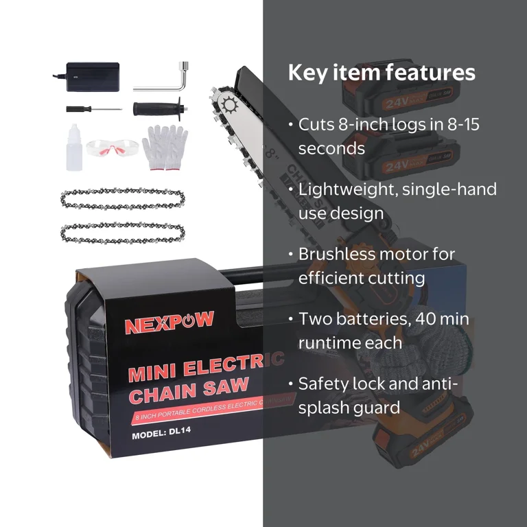 Nexpow Mini Chainsaw 8 inch cordless electric with 24V batteries