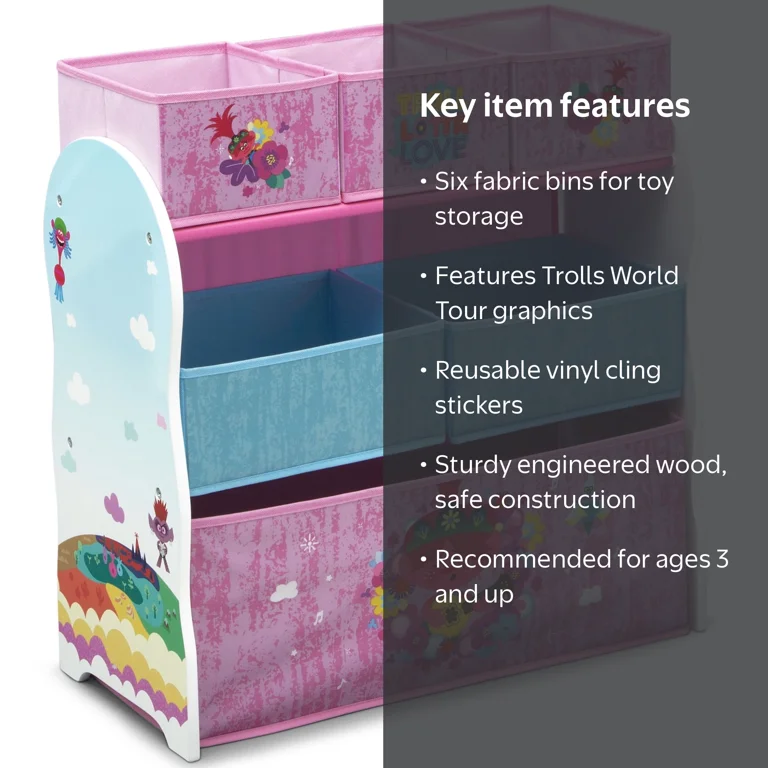 Trolls Toy Organizer with 6 Bins, Reusable Stickers, and Colorful Trolls Toy Organizer with 6 Bins, Reusable Stickers, and Colorful