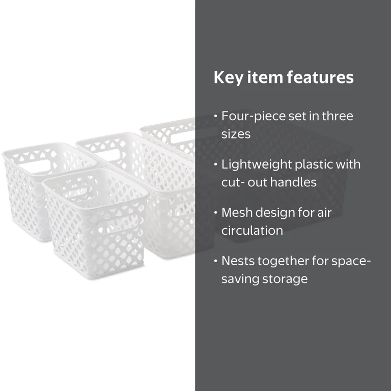 Mainstays 4-Piece White Decorative Plastic Storage Basket Set