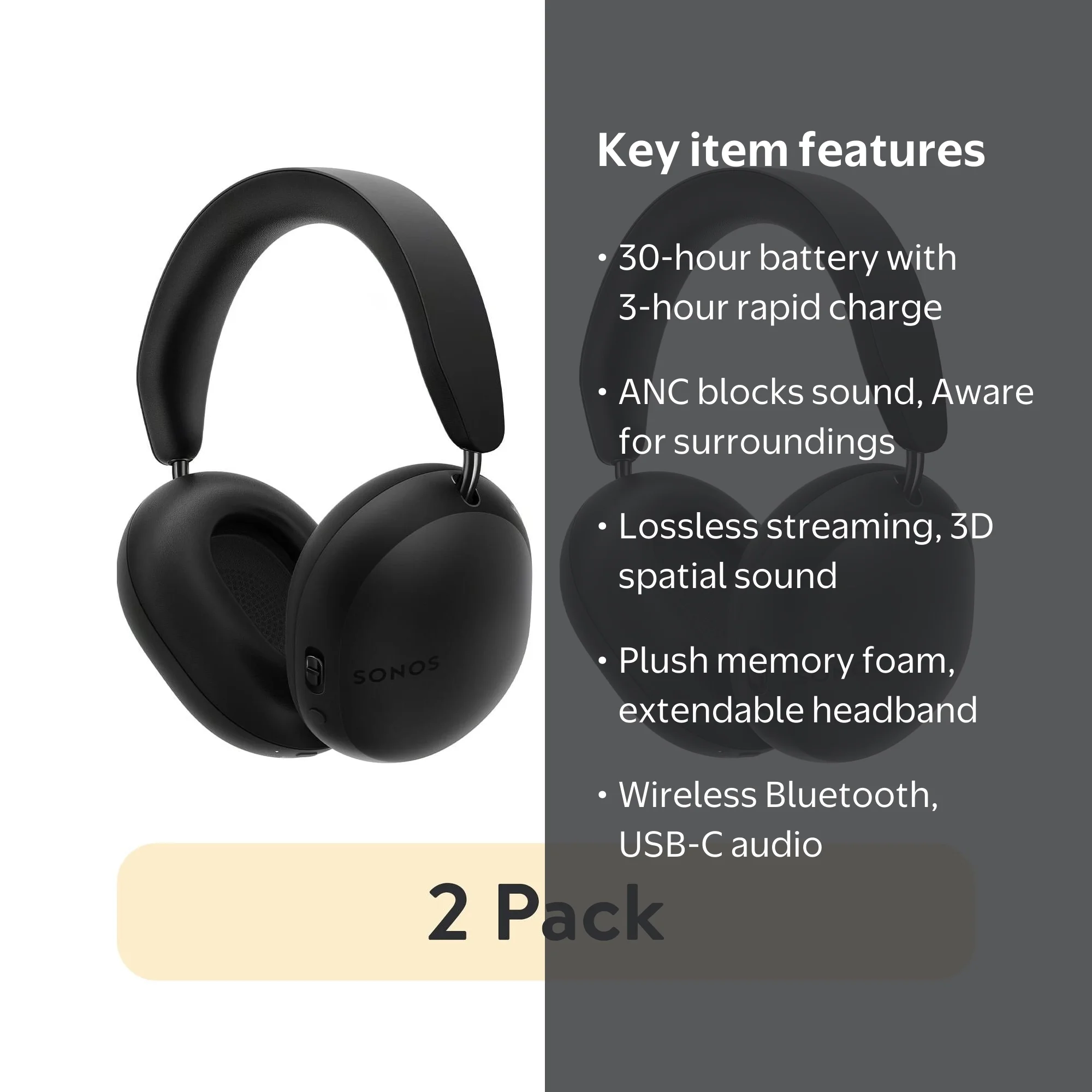 SONOS ワイヤレスヘッドセット ブラック 2 pack) Sonos Ace Wireless Noise Canceling Over Ear Headphones