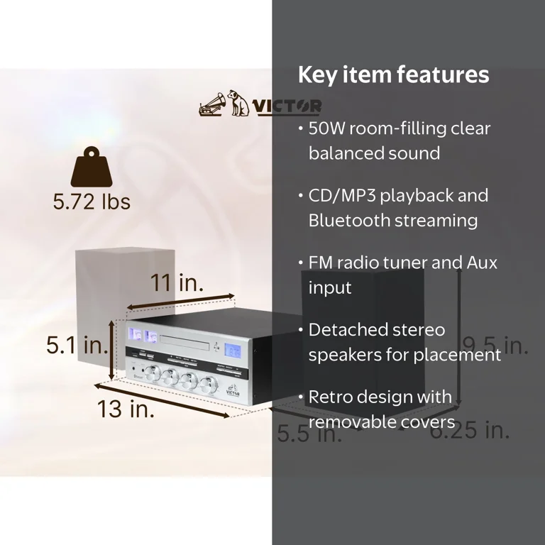 Victor, Desktop Bluetooth Stereo System, 50 Watt, CD MP3 FM Radio