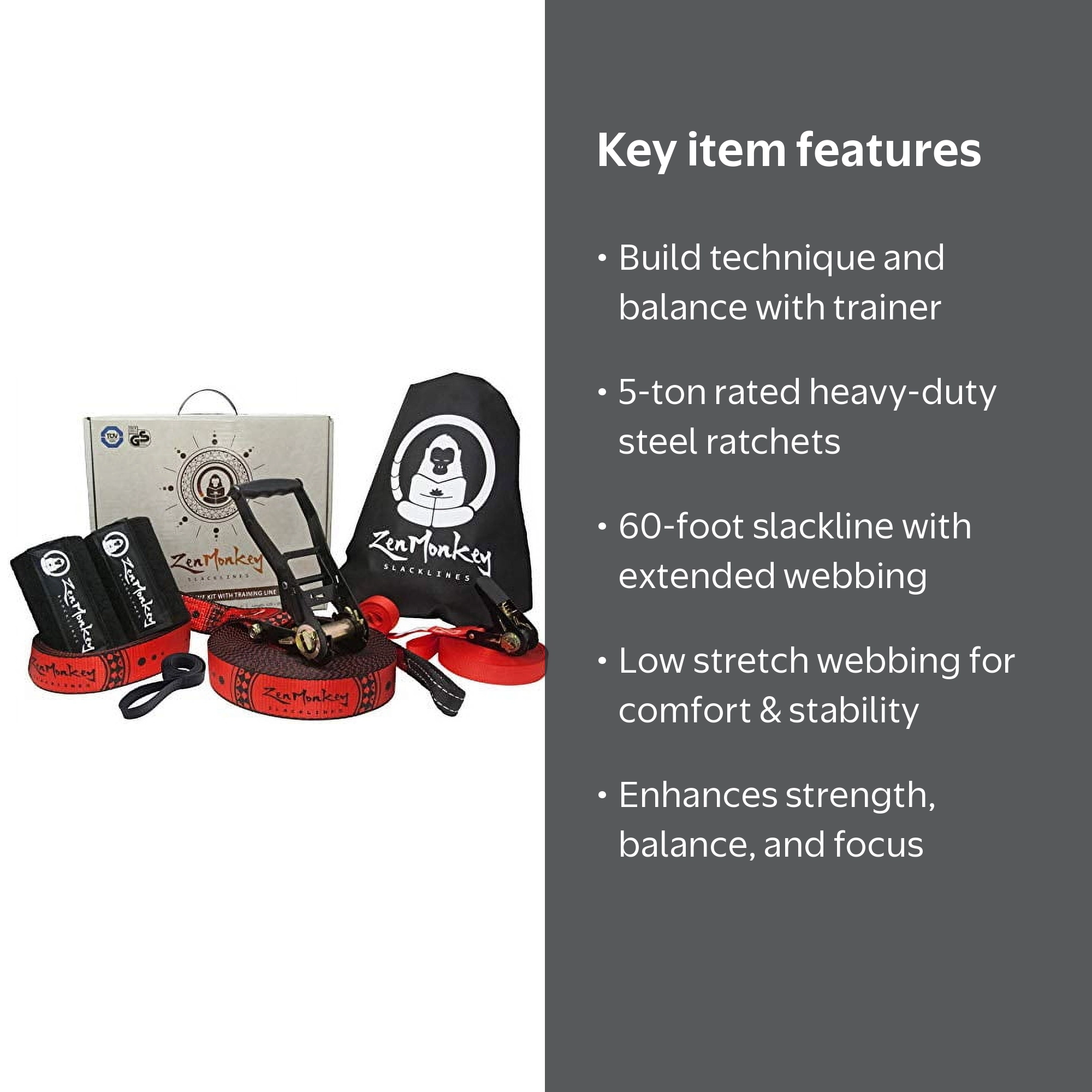 Zenmonkey Outdoor Agility Equipment - 60ft Slackline Kit with