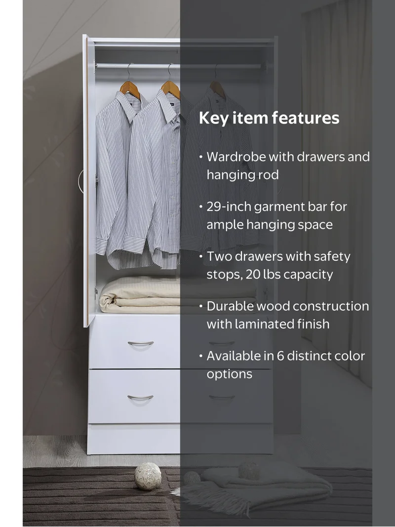 Hodedah Two Door Wardrobe with Two Drawers and Hanging Rod, White