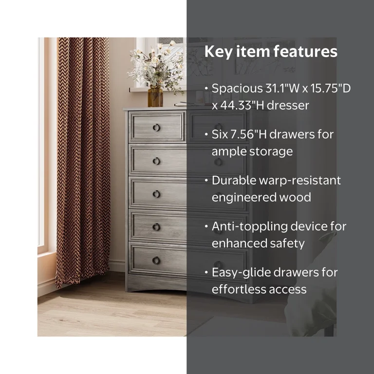 gray color dresser Floren Contemporary Weathered Wood 6-Drawer Roundhill Furniture premium design and quality Cora Grey 6-Drawer Dresser Storage