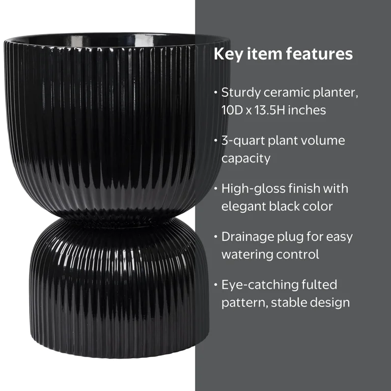 Mainstays 10”D x 13.5”H Round Ceramic Fulted Planter Black Indoor