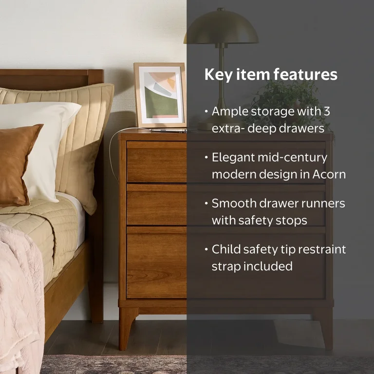 Better Homes & Gardens Greyson 3-Drawer Nightstand with USB, Acorn