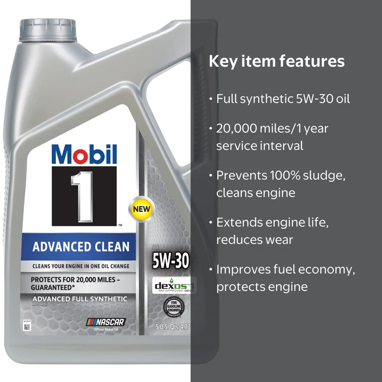 Mobil 1 Advanced Clean Full Synthetic Motor Oil 5W-30, 5 Quarts
