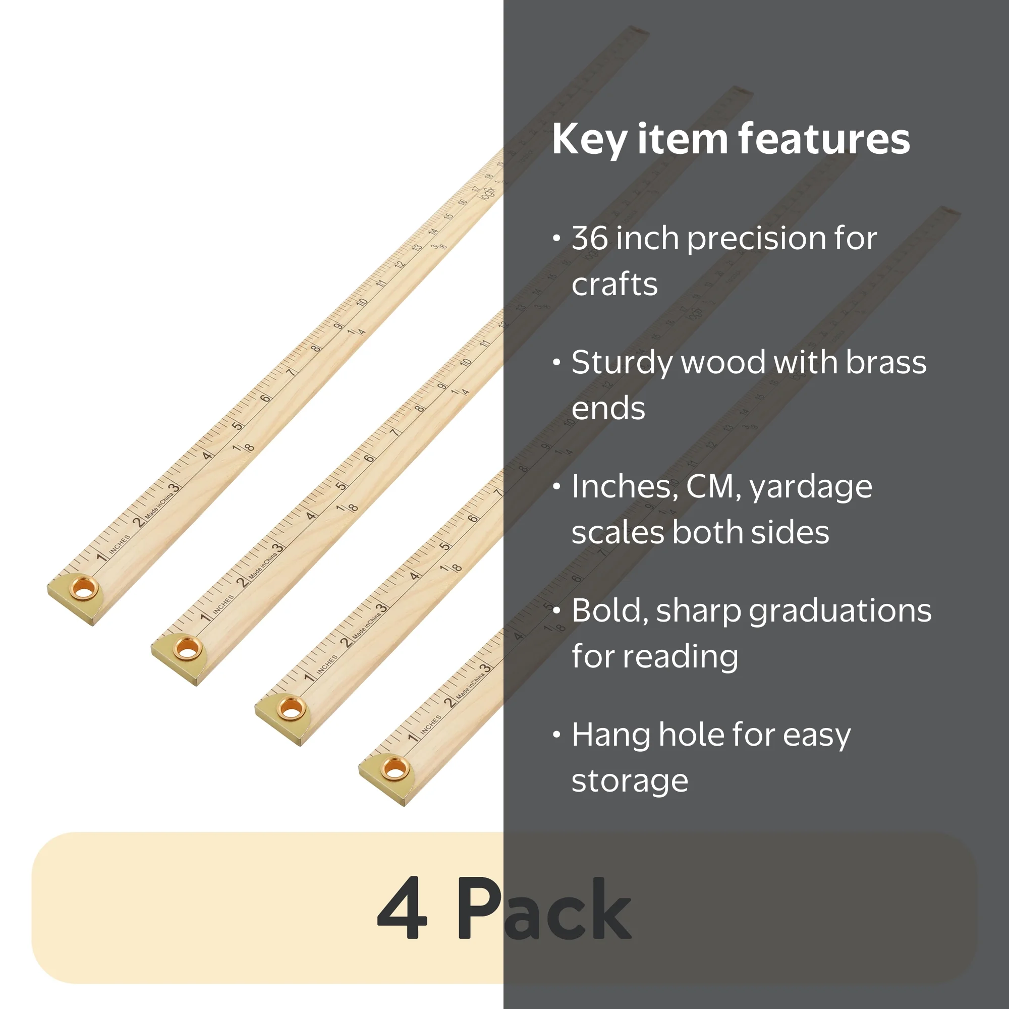 4-Pack Wooden Rulers – 36 Inch Yardstick, Natural Wood, With Hang Hole & Metal Tips – For Classroom, Office, Sewing, Carpentry