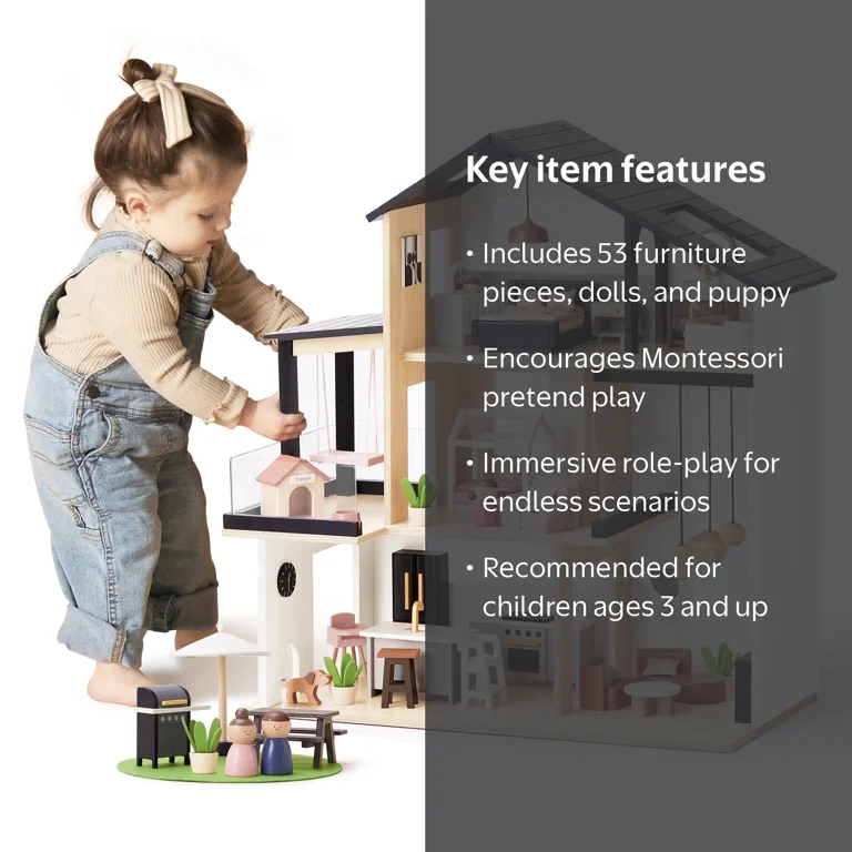 Tiny Land, Dollhouse, Black, 7 Rooms with Doll Figures and Puppy