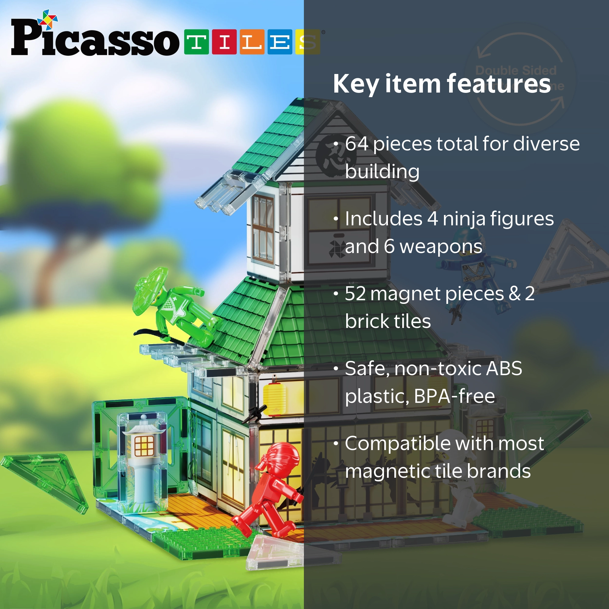PICASSO TILES Magnetic Tiles for Kids, 64PCS Ninja Dojo House STEM
