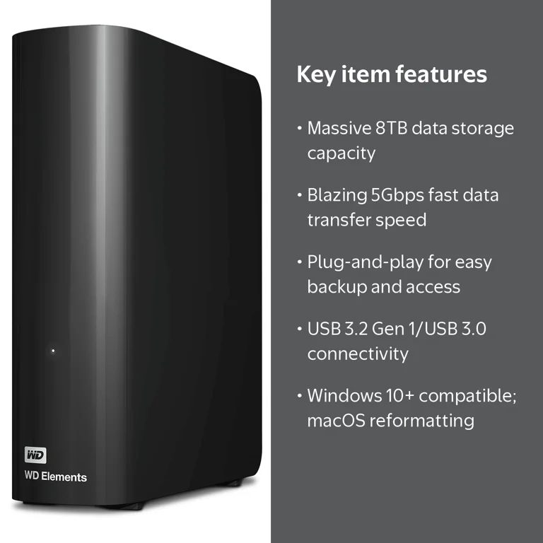 WD Elements デスクトップハードディスク 8TB WD Elements 8TB External Desktop Hard Drive, USB 3.2/3.0, 5Gbps