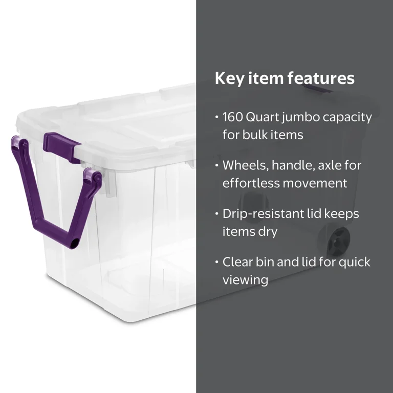 Sterilite 160 Qt Wheeled Stacker, Durable Clear Bin, Latch Lid