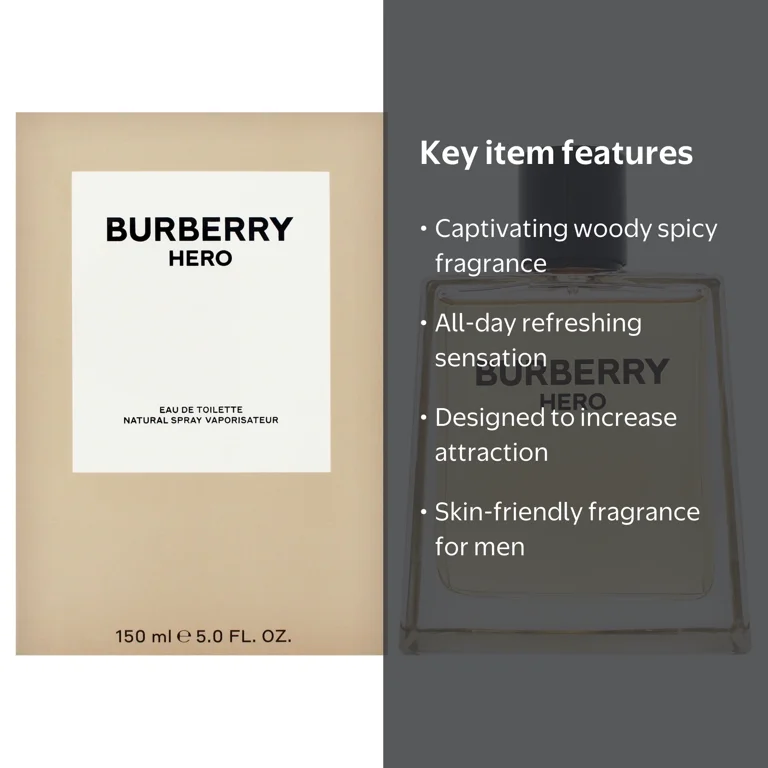 Burberry Hero EDT Spray for Men, 5 oz, Woody Spicy Fragrance with