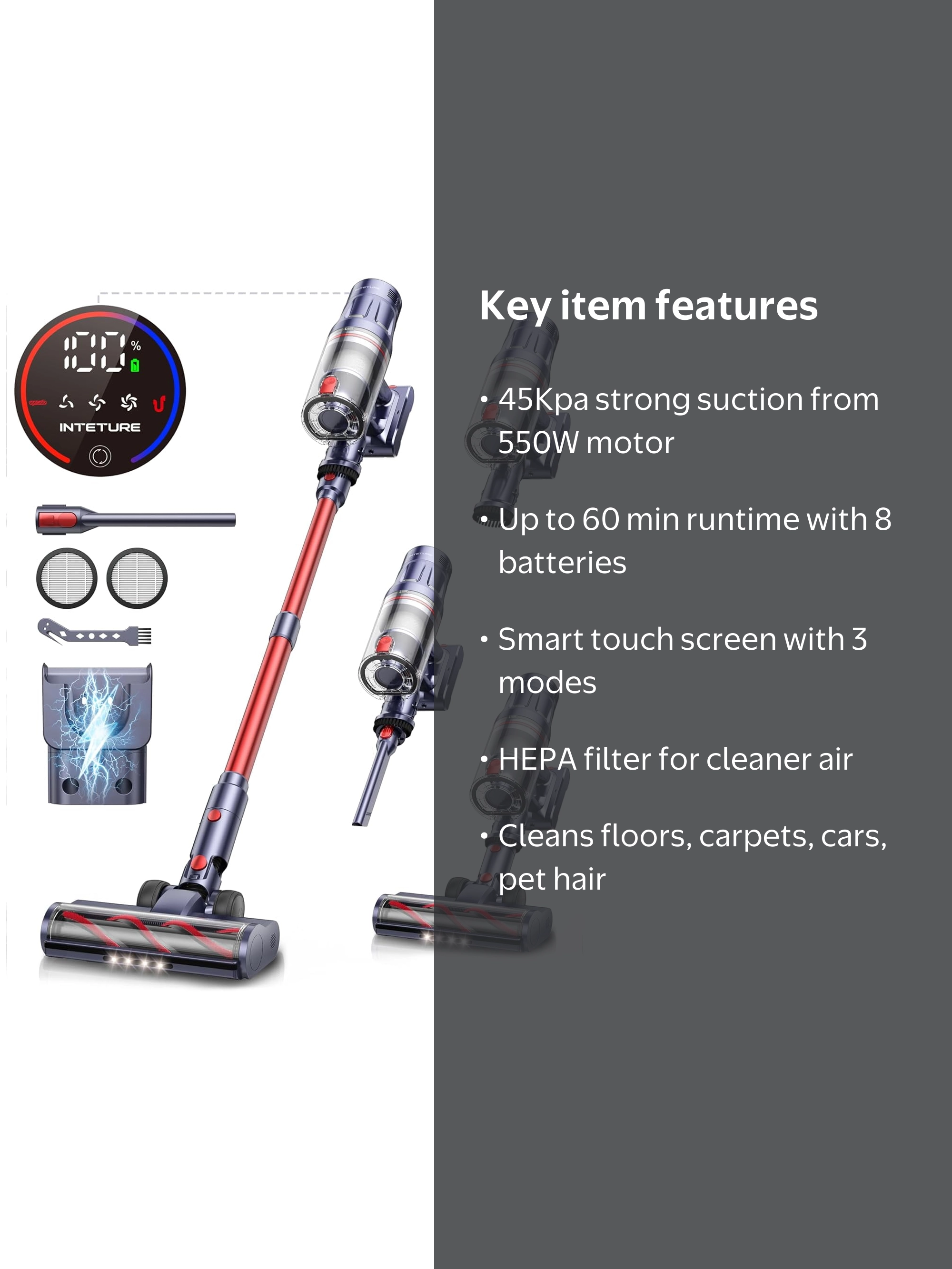 INTETURE, Cordless Vacuum Cleaner, 550W 45KPA, Self-Standing Green
