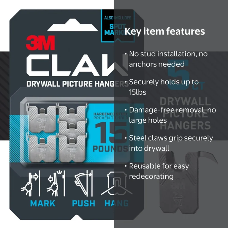 3M™ CLAW™ 15 lb Drywall Picture Hanger with Temporary Spot Marker