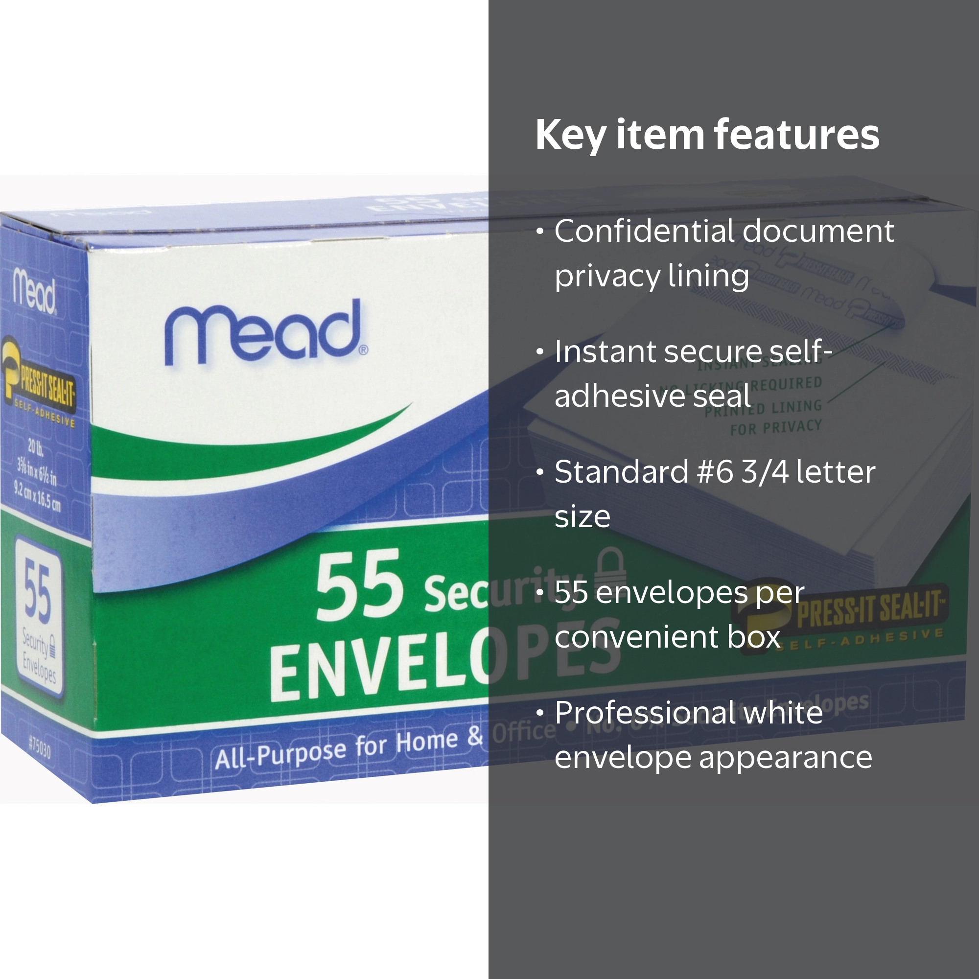 Mead, Envelopes, Security Seal-It #6 3/4, White, 55 Count