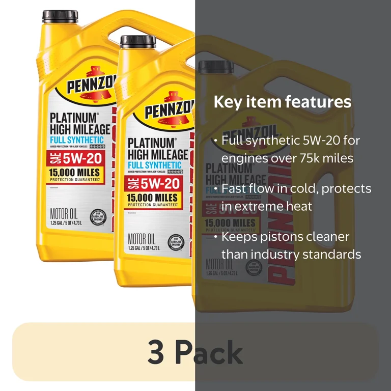 3 pack) Pennzoil Platinum High Mileage Full Synthetic 5W-20 Motor