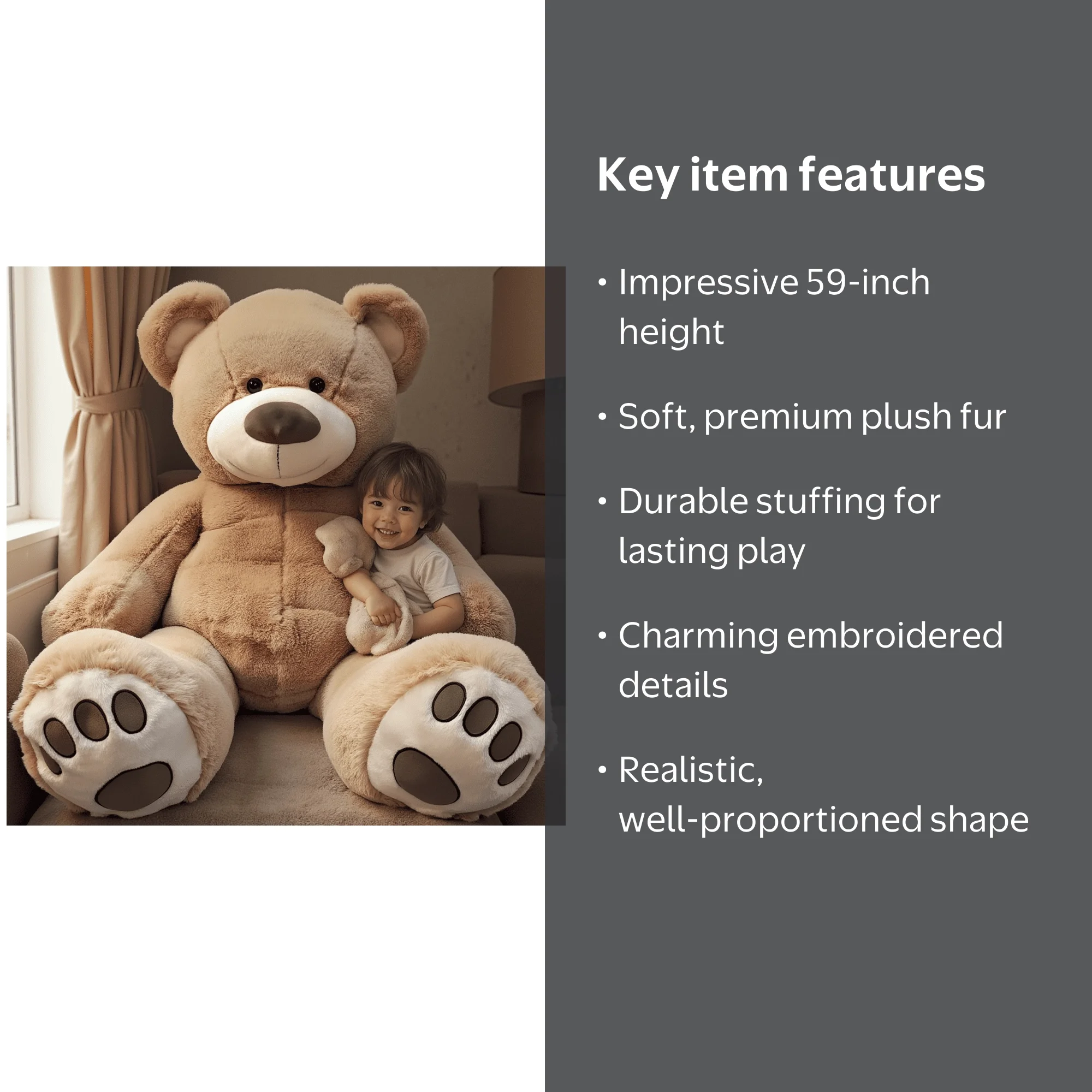 BEAR Anico International, Giant Plush Teddy Bear, 59-inch, Beige