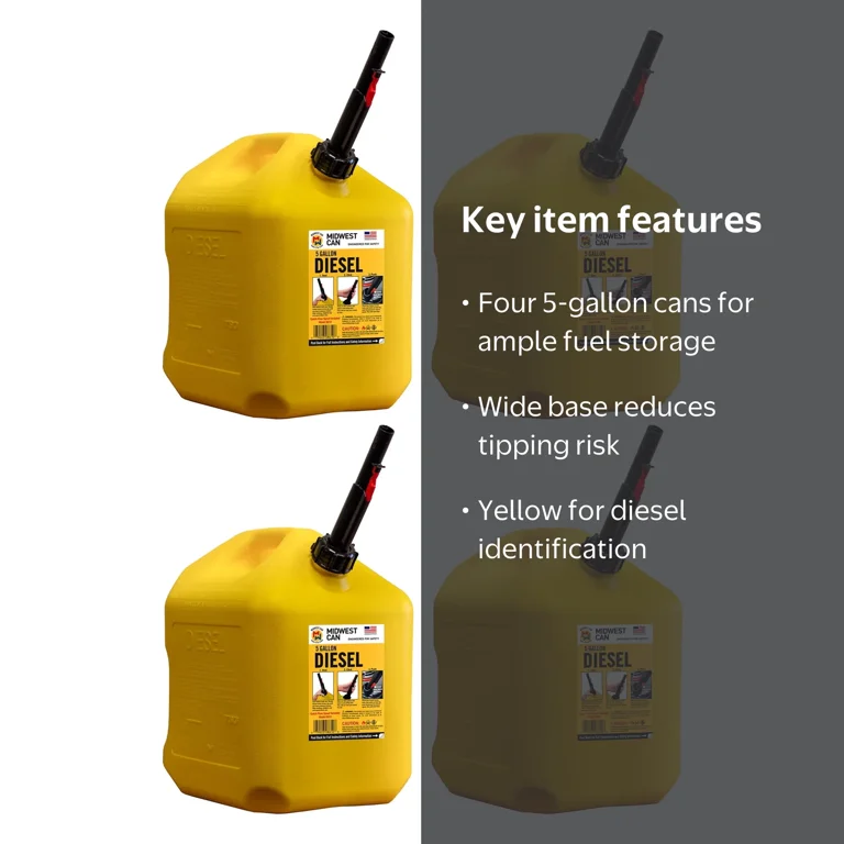Midwest Can, Diesel Can, 5 Gallon, Yellow, Portable, 4 Pack