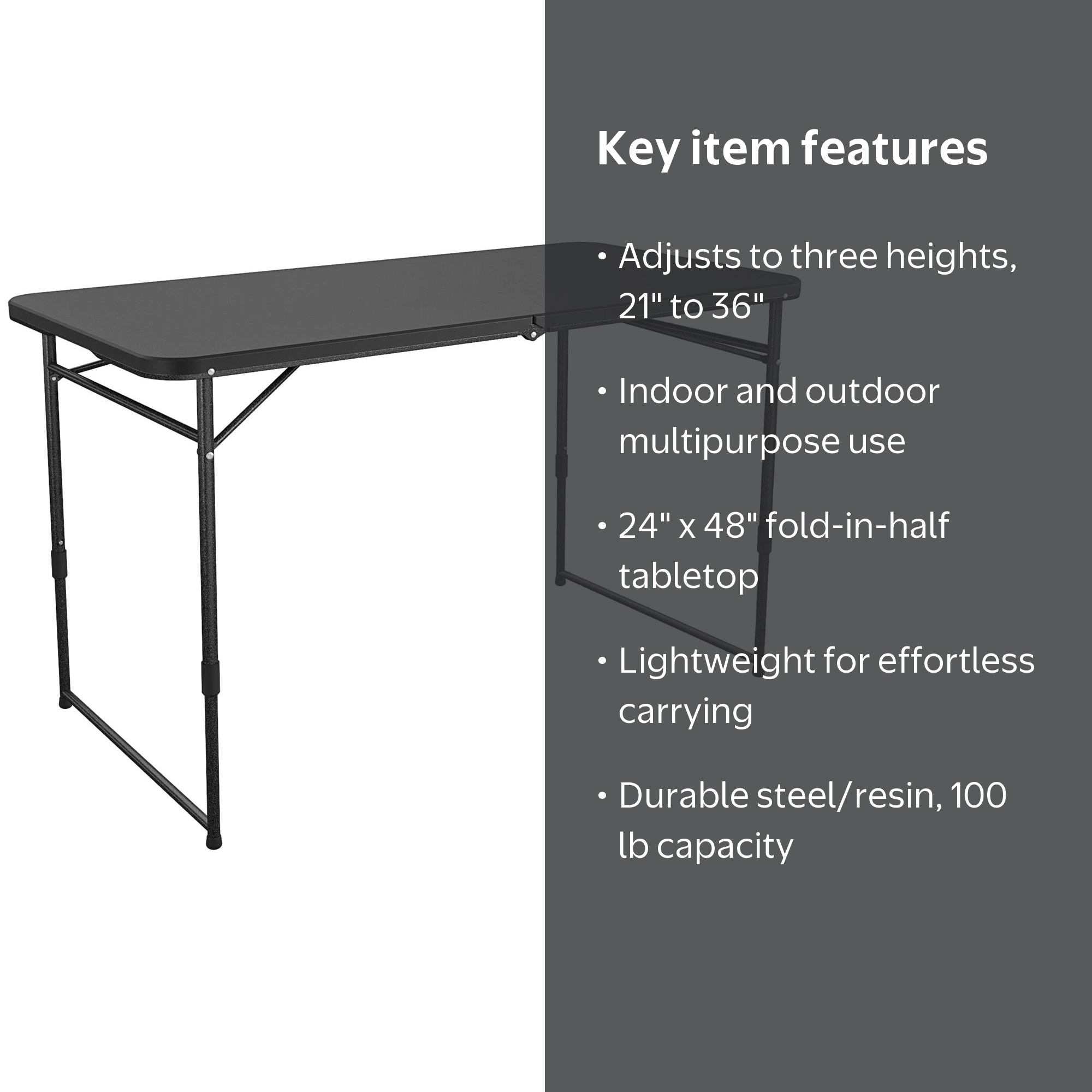 COSCO, Utility Table, 4 ft., Fold-in-Half Adjustable Height Black