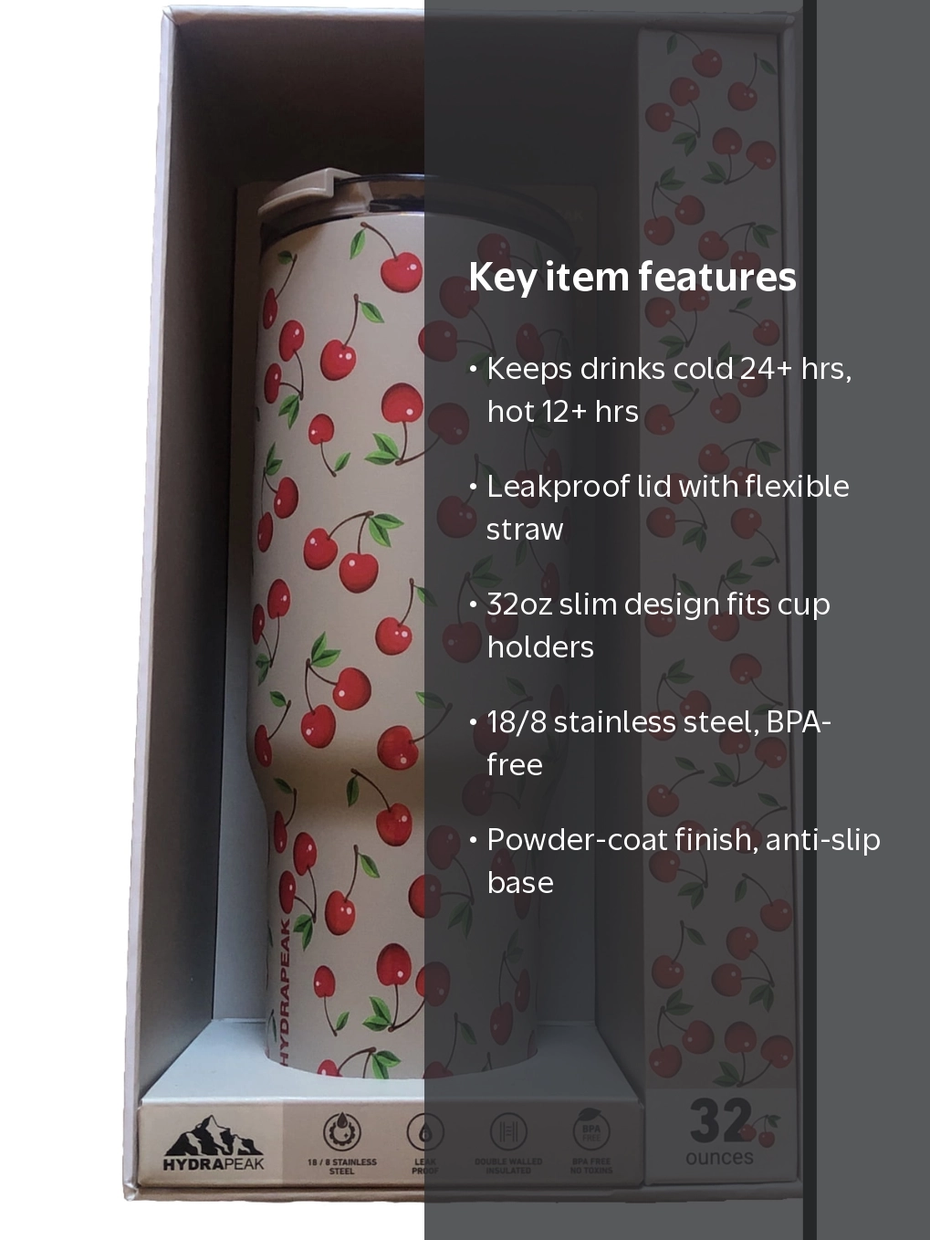 Cherry︎✿ Hydrapeak Voyager 32 oz No Handle Insulated Tumbler with Straw Lid