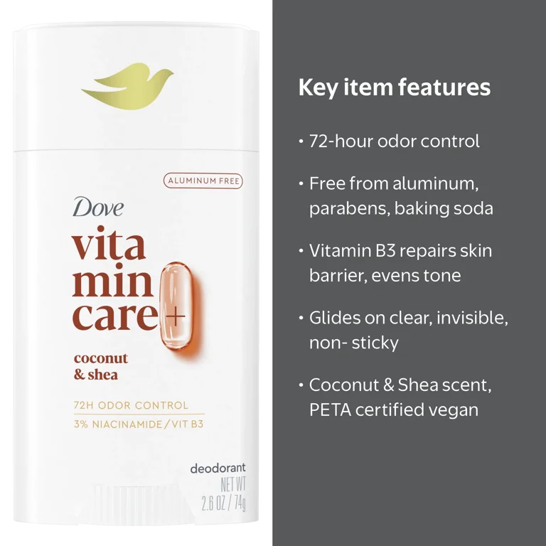 Dove VitaminCare+ Deodorant Stick for Women, Coconut & Shea, 2.6