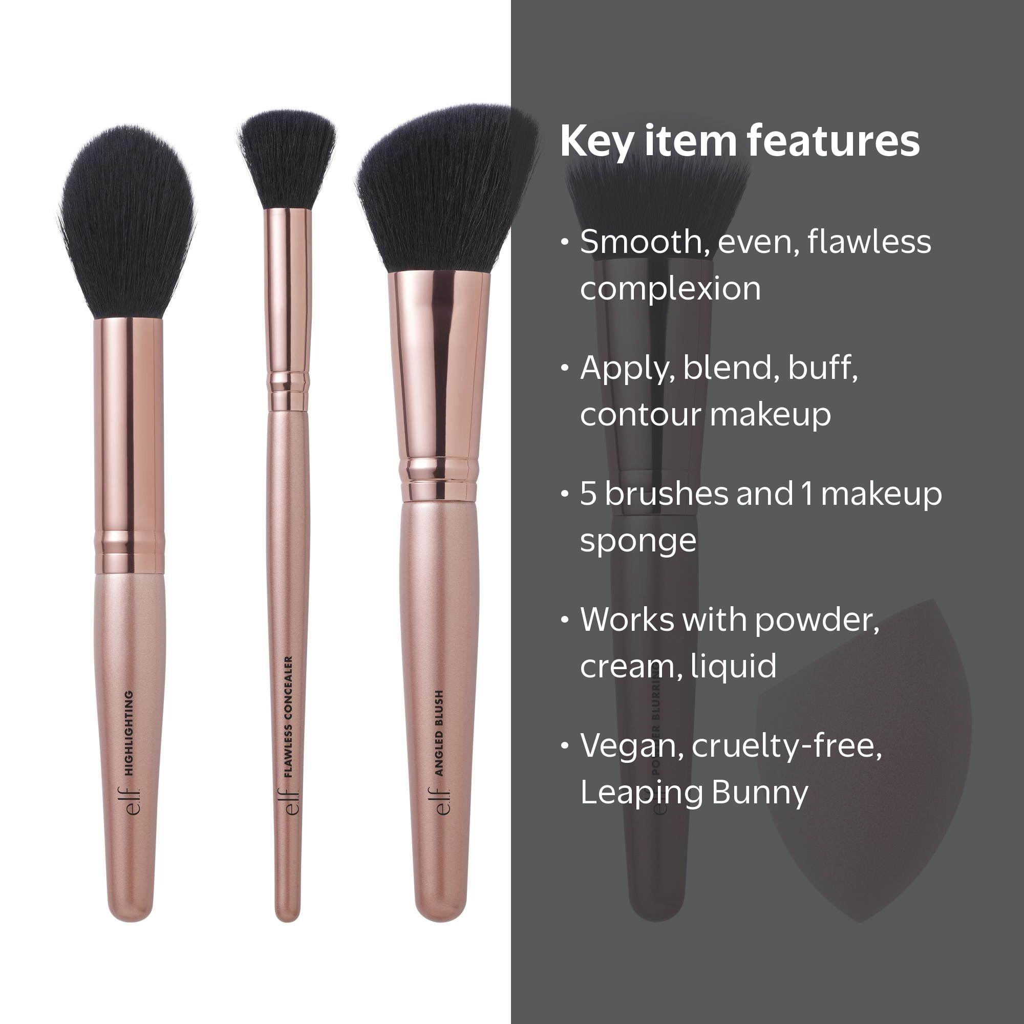 e.l.f. Cosmetics, Complexion Essentials Brush & Sponge Set, 5pc