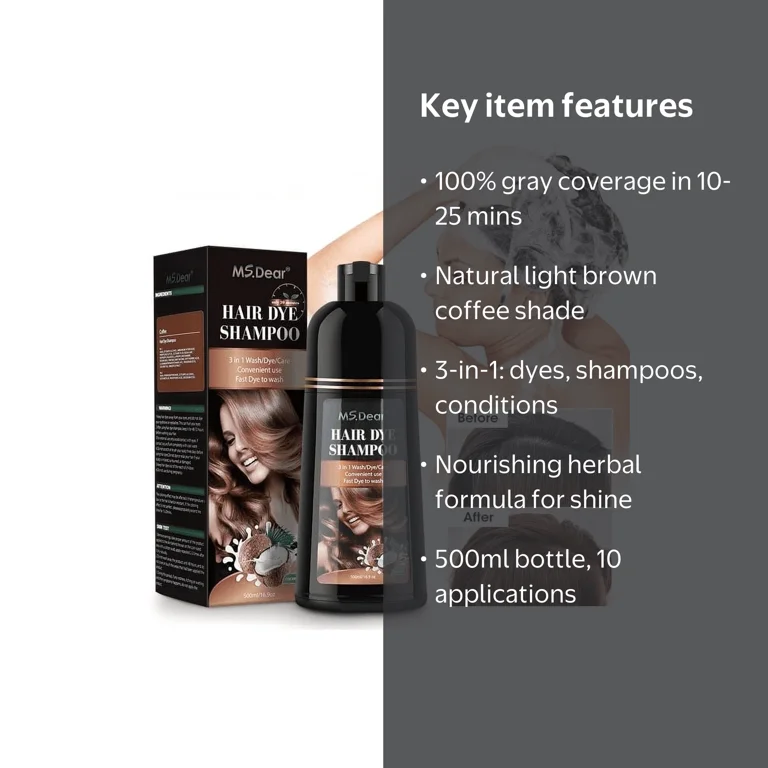 DREAMSOME, Natural Brown Hair Color Shampoo, 500ml, Gray Hair