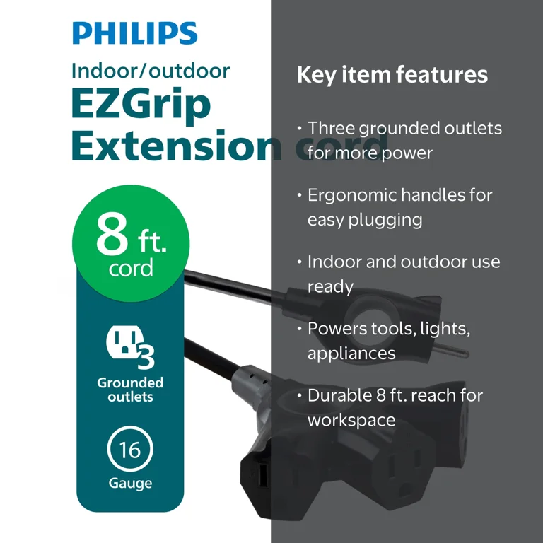 Philips EZGrip 8FT Black Extension Cord 3 Prong with Multiple