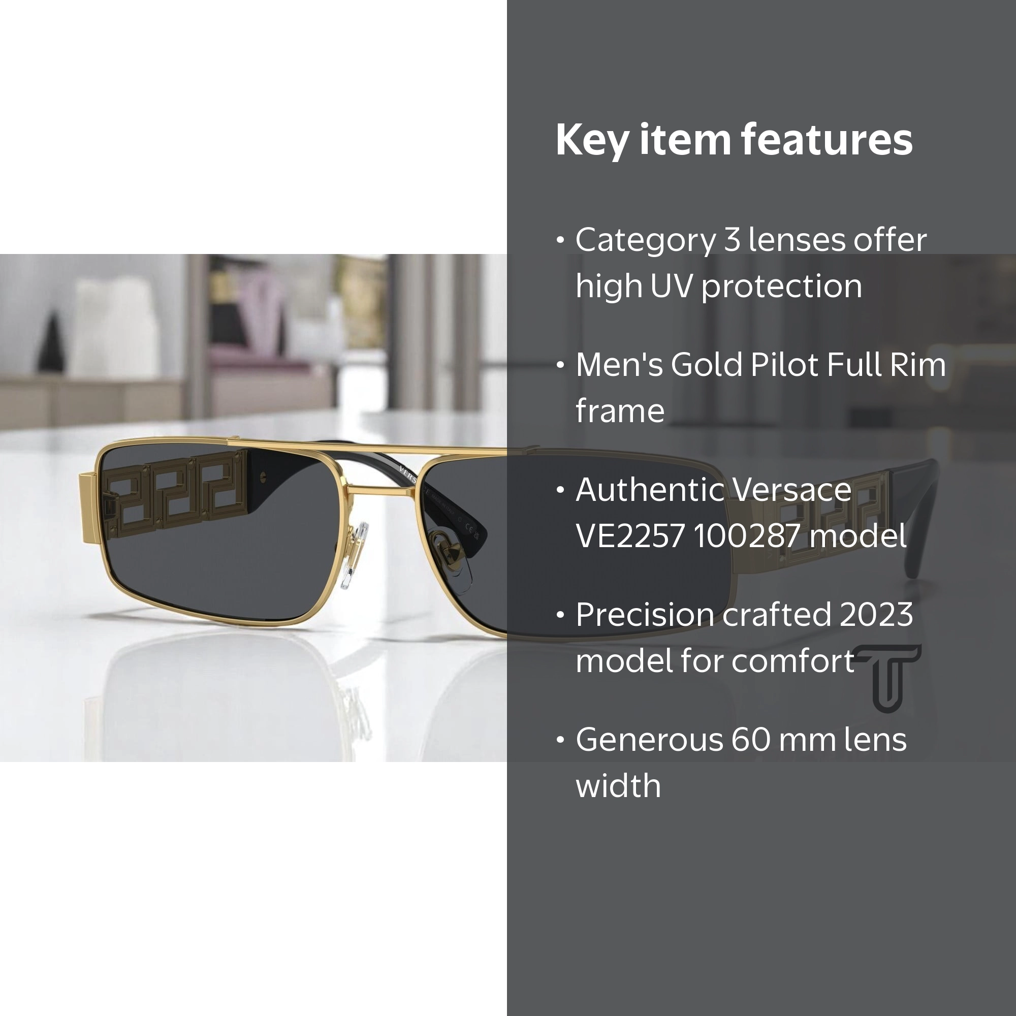 1107 VERSACE SPORT 格子ネイビー×配色リブ アーカイブ50 伊 Versace, Men's Sunglasses, VE2257 100287, Gold Dark Grey - Walmart.com