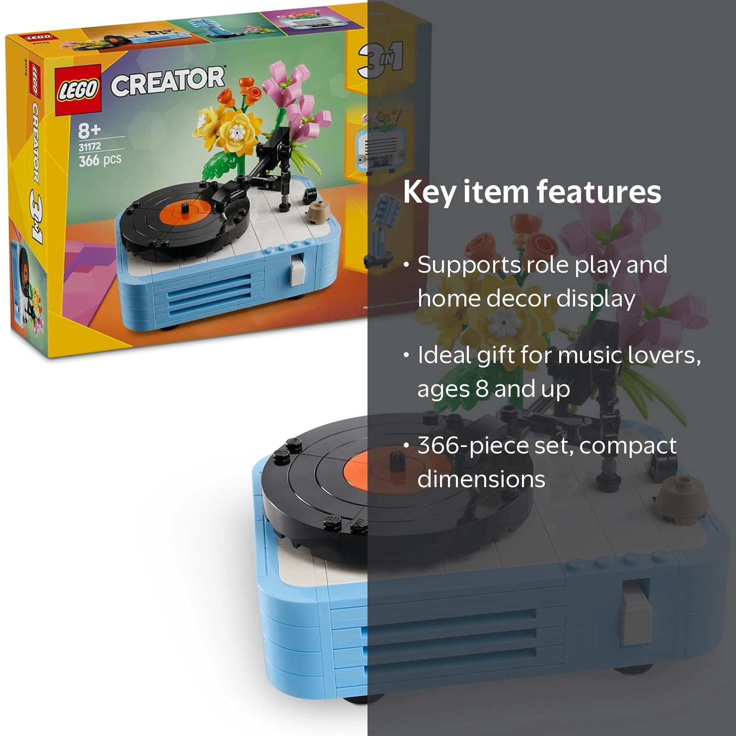 LEGO, Record Player with Flowers, 366 Pieces, 3 in 1 Building Set