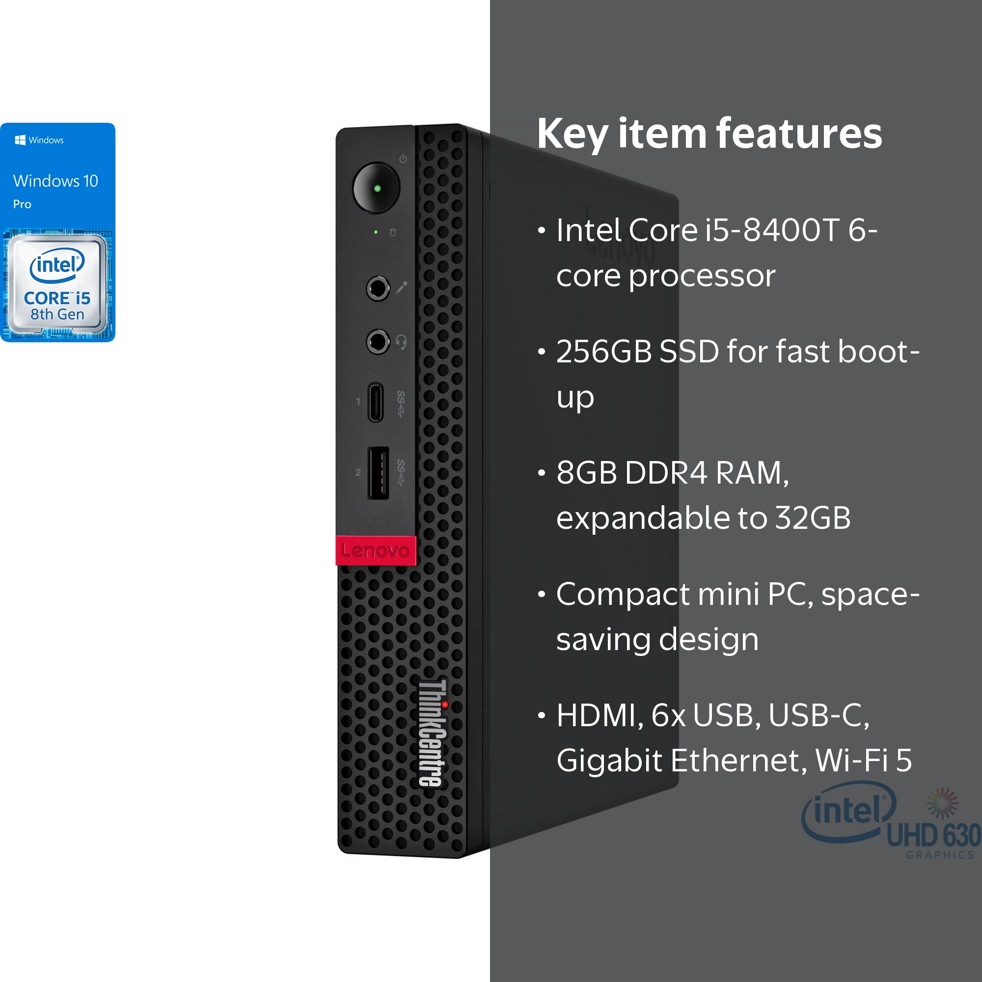 Lenovo M720q Mini PC, Intel i5-8400T, 8GB RAM, 256GB SSD, HDMI, Wi