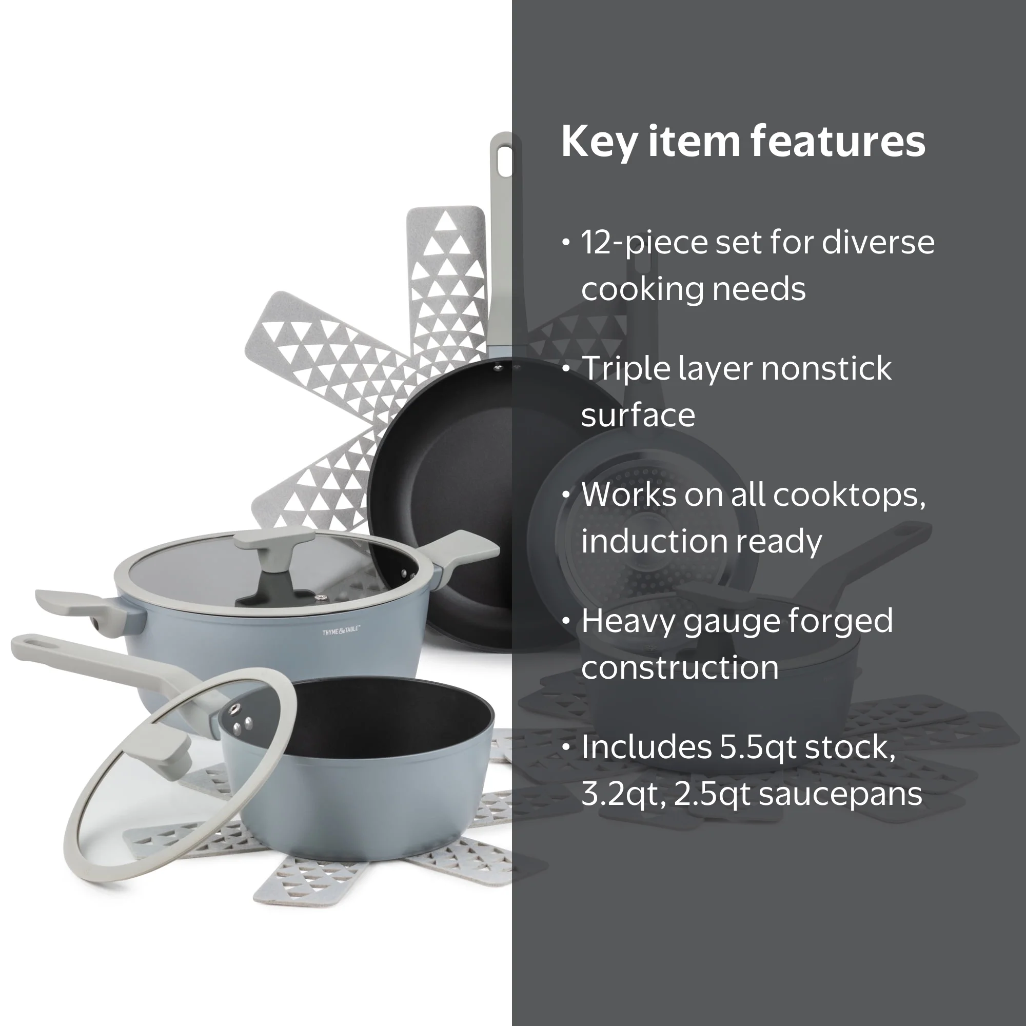 Thyme & Table 12 Piece Non-Stick Eden Cookware Set - Cool Grey