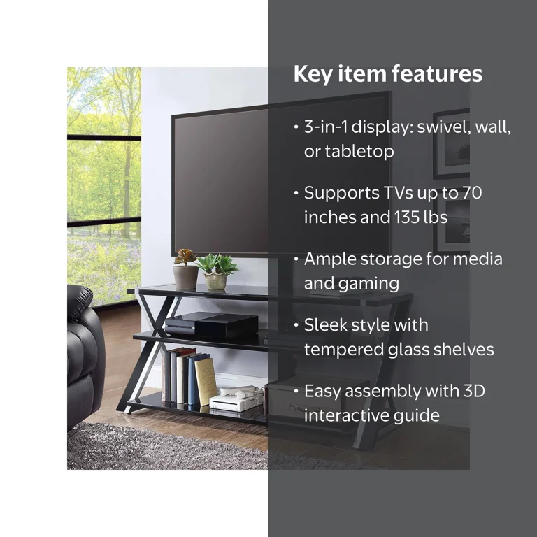 Whalen Xavier Black Glass Entertainment Center, 3-in-1 TV Stand