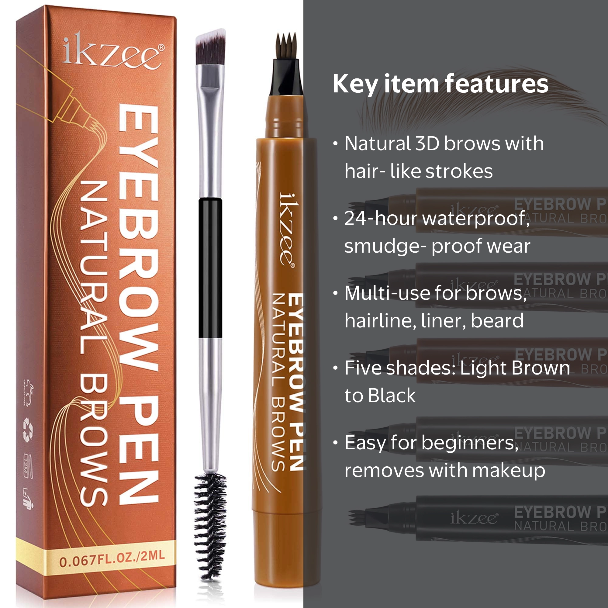ikzee Eyebrow Pen (Light Brown), 4 Fork Tip for 3D Natural Eyebrow
