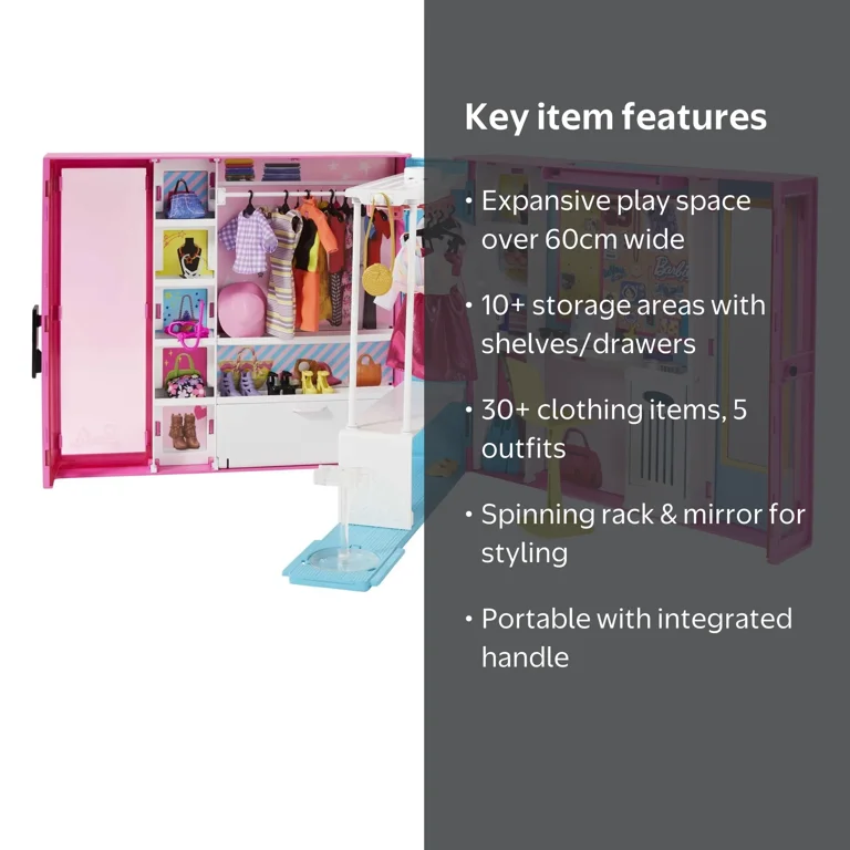 Barbie, Doll Toy Playset, Dream Closet with 30+ Clothes