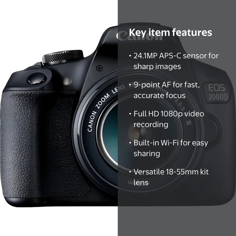 Canon EOS 2000D Rebel T7 DSLR Camera, 18-55mm Lens, ISO 100-6400