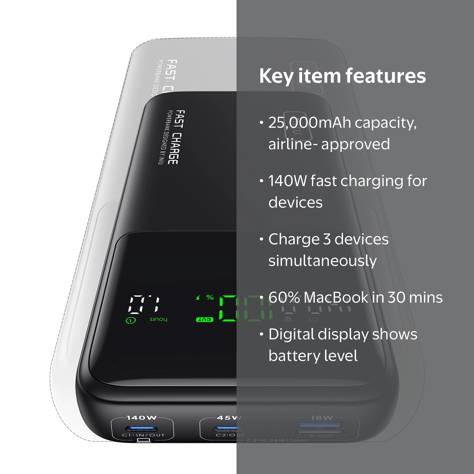 INIU 140W 25000mAh Portable Charger, Fast Charging Power Bank for