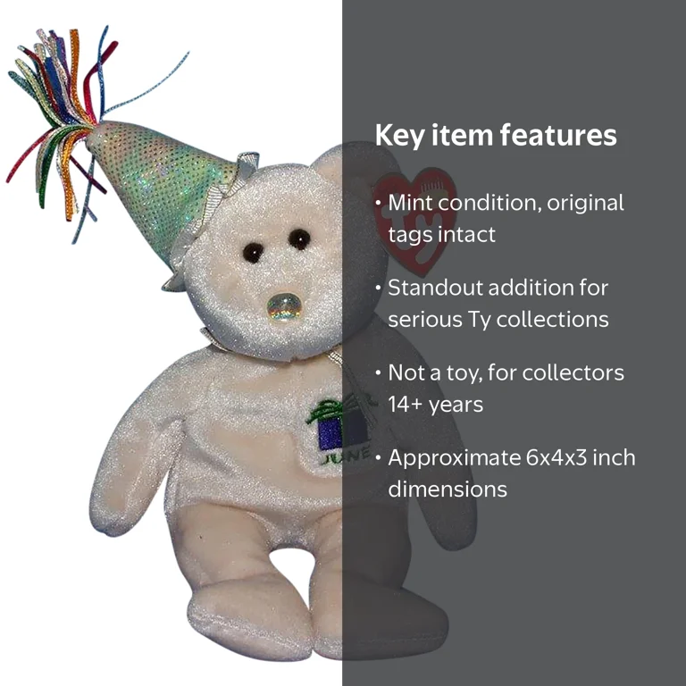 Ty Beanie Baby: June the Teddy Bear, Birthday Toy with Hat