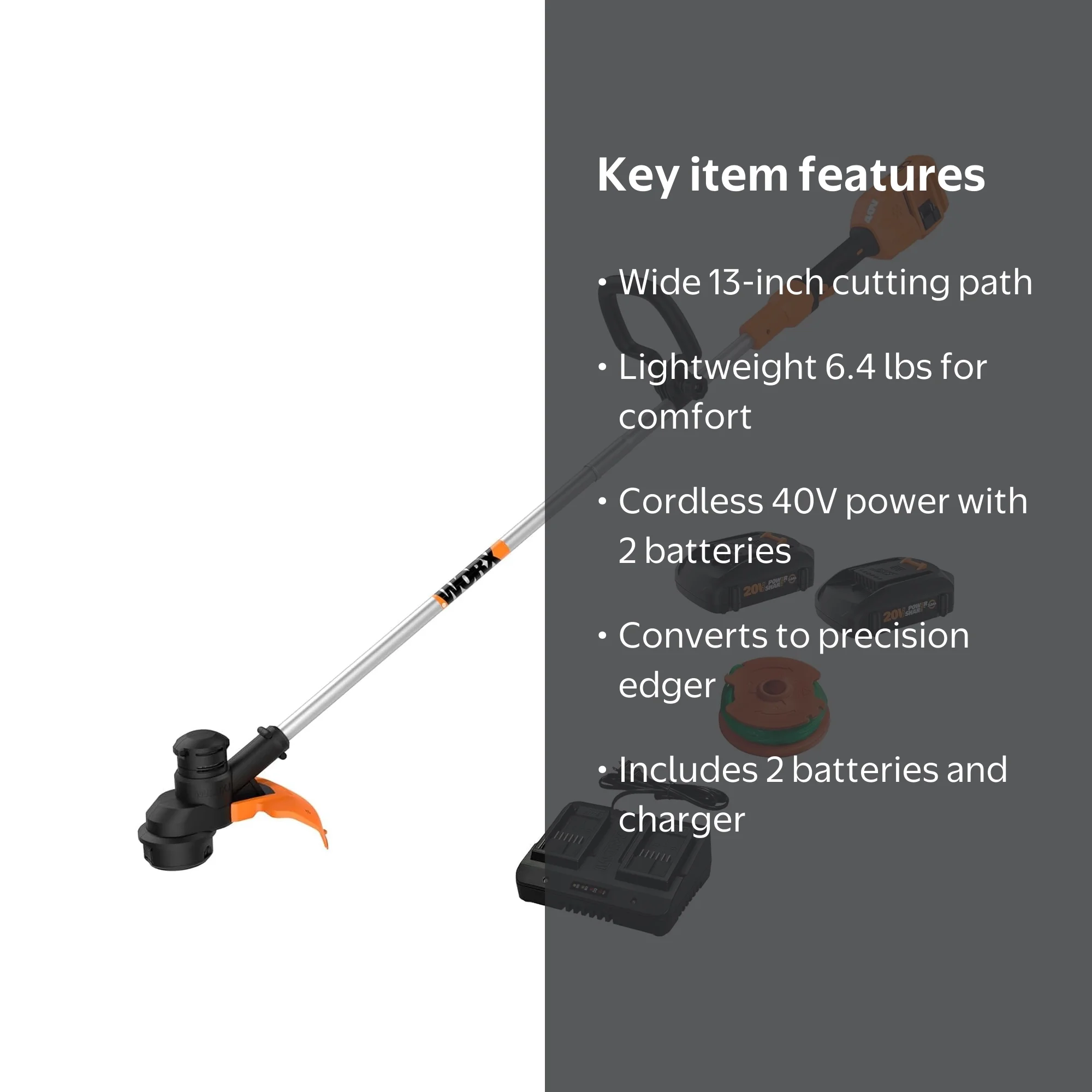 WORX, Grass and Weed String Trimmer, WG183, 40V Cordless 13